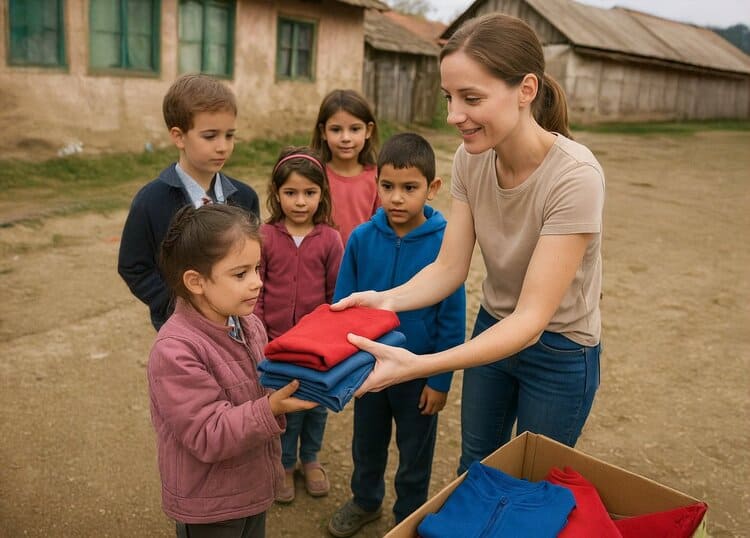 vrouw overhandigd kinderkleding aan 4 roemeense kinderen