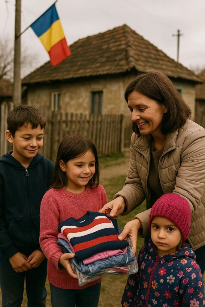 vrouw overhandigd kinderkleding aan 3 roemeense kinderen