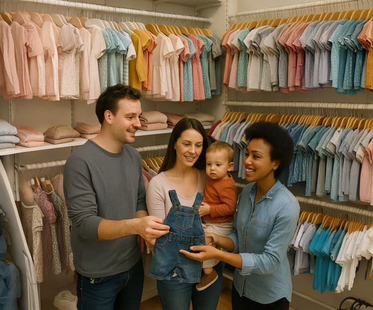 3 mensen en een kind kopen tweedehandskleding in een winkel